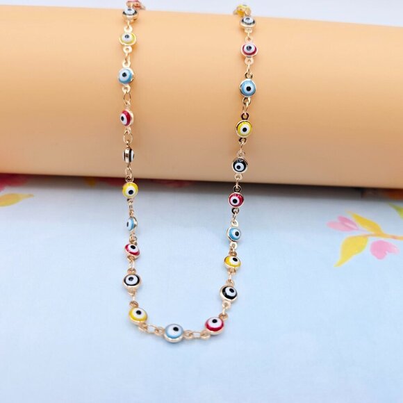 Colorful Evil Eye Rose Gold Necklace, 18 Inch, Gold Plated Brass, XPNL0102 - Picture 1 of 12